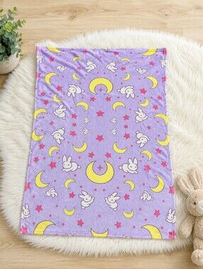 Purple Bunny Moon & Stars Baby Crib Throw Blanket 40" x 27" Like New